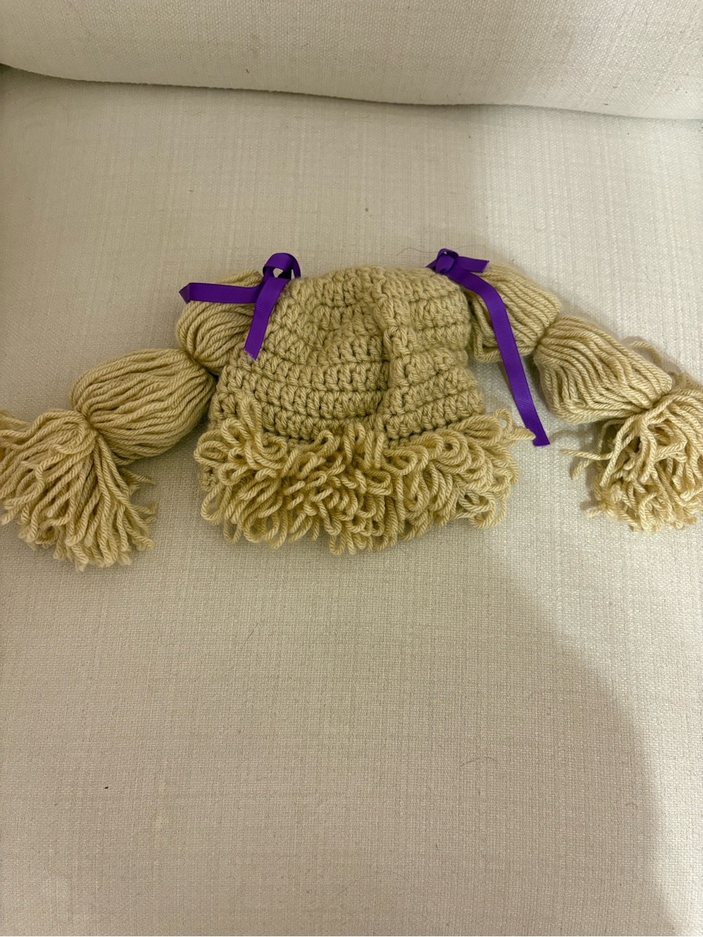 Kids Crochet Wig Hat with Purple Ribbon Accents - Cream